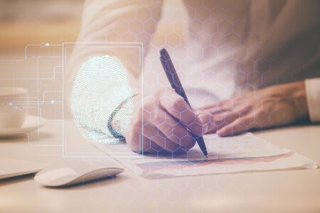 Fingerprint scan provides safe access with biometrics identification, concept of the future of security and password control through advanced technology. Double exposure.の写真素材