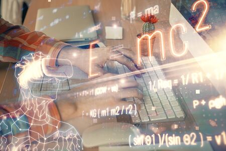 Science formula hologram with man working on computer on background. Education concept. Double...
