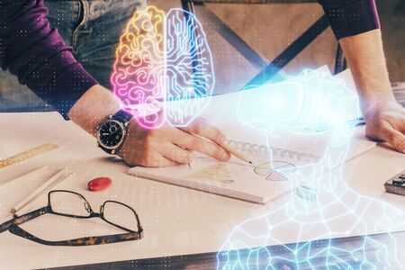 Abstract man wearing augmented reality headsets computer science work. AR concept. Double exposure.の写真素材