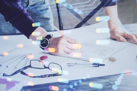 Writing man with technology icons. . Double exposure. Network and data concept.の写真素材