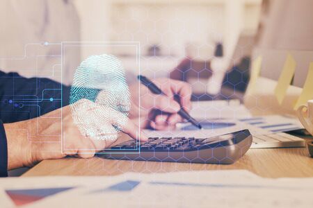 Fingerprint scan provides safe access with biometrics identification, concept of the future of security and password control through advanced technology. Double exposure.の写真素材