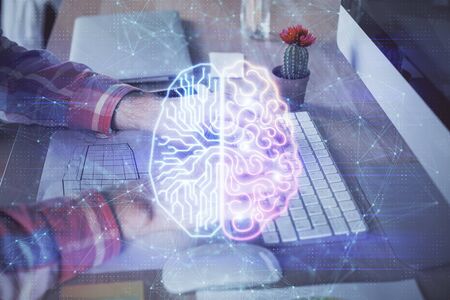 Man typing on keyboard background with brain hologram. Concept of big Data. Double exposure.