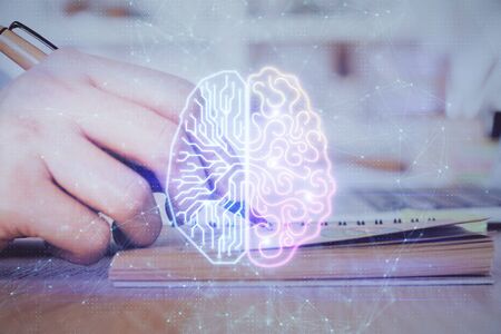 Haman brain multi exposure icon with man hands background. Concept of Ai.の写真素材