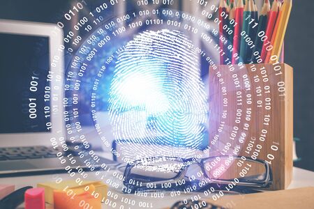 Fingerprint drawing with glasses on the table background. Concept of security. Double exposure.の写真素材