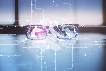 Brain drawings with glasses on the table background. Double exposure.