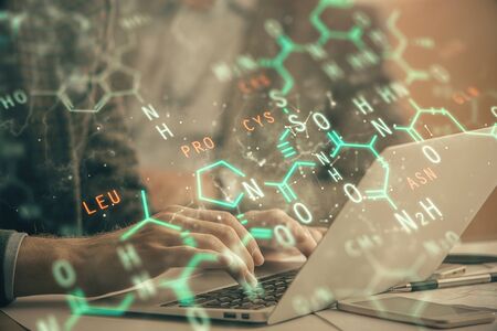 Science formula hologram with man working on computer on background. Education concept. Double...