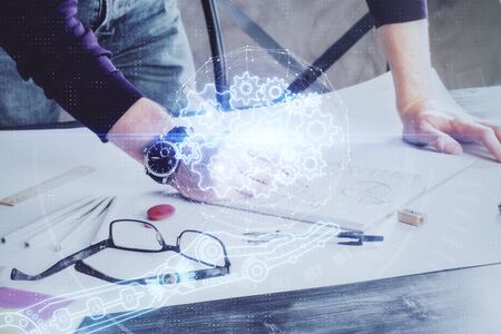 Writing man with technology icons. . Double exposure. Network and data concept.の写真素材