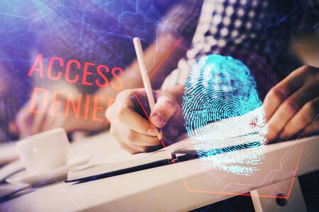 Fingerprint scan provides safe access with biometrics identification, concept of the future of security and password control through advanced technology. Double exposure.の写真素材