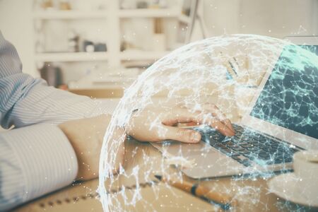 Social network theme hologram with businessman working on computer on background. Concept of world wide web. Multi exposure.の写真素材