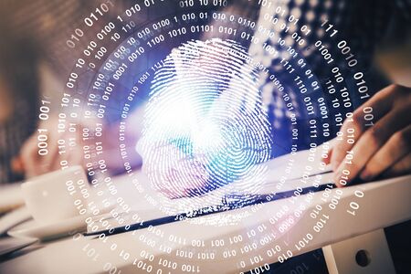 Fingerprint scan provides safe access with biometrics identification, concept of the future of security and password control through advanced technology. Double exposure.の写真素材
