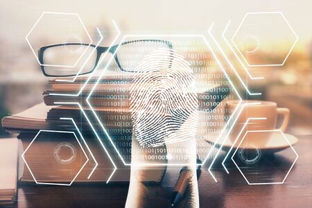 Fingerprint drawing with glasses on the table background. Concept of security. Double exposure.