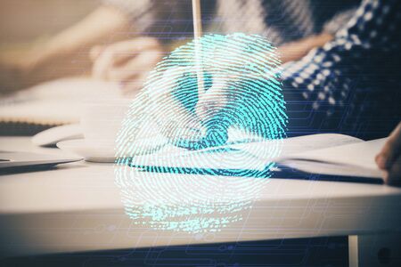 Fingerprint scan provides safe access with biometrics identification, concept of the future of security and password control through advanced technology. Double exposure.の写真素材
