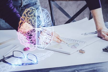 Man with multi exposure brain theme icons.の写真素材