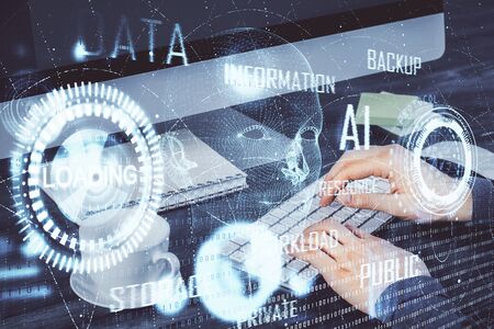 Double exposure of tech drawings with hands working on computer background. Concept of innovation.の写真素材