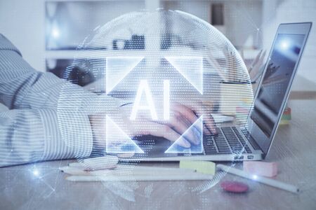 Businessman working on Laptop with technology theme drawing. Concept of big data. Double exposure.の写真素材