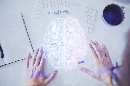 Haman brain double exposure icon with man hands background. Concept of Ai.