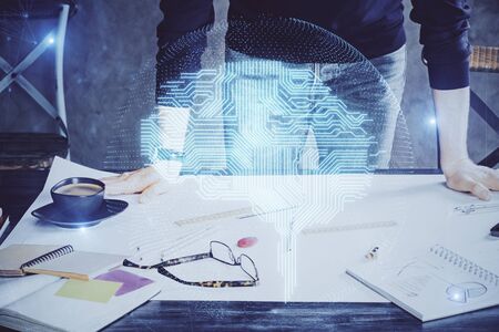 Haman brain double exposure icon with man hands background. Concept of Ai.の写真素材