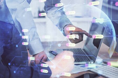 Multi exposure of tech drawings with man working on computer background. Concept of innovation.の写真素材