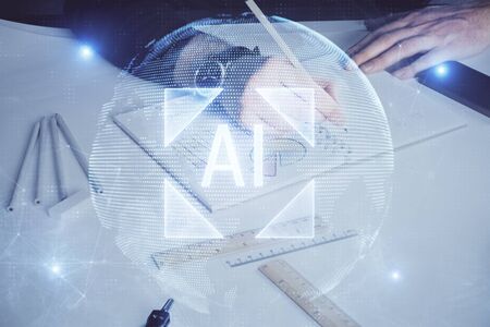 Human hands with tech theme multi exposure drawings.の写真素材