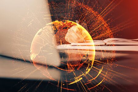 Mans hands working with notes background. Social networking scheme . Mixed mediaの写真素材