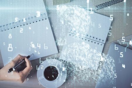 Multi exposure of womans writing hand on background with data technology hud. Concept of innovation.の写真素材