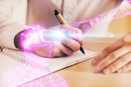 Abstract man wearing augmented reality headsets computer science work. AR concept. Double exposure.の写真素材