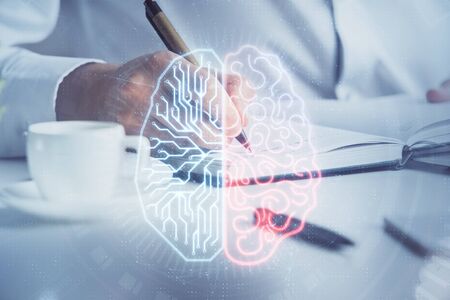 Brain multi exposure icon with man hands background.の写真素材