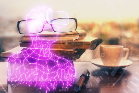 AR drawing with glasses on the table background. Concept of augmented reality. Double exposure.の写真素材