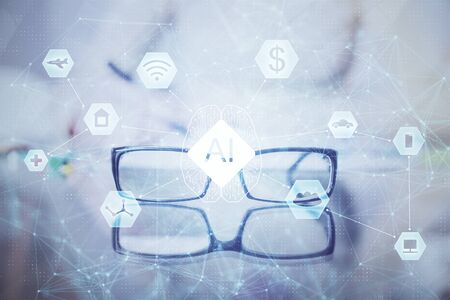 Double exposure of writing hand on background with data solution technology hologram. Ai concept.
