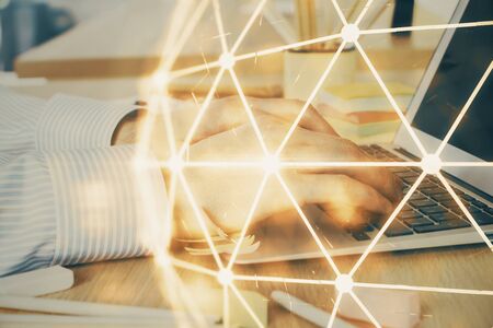 Social network theme hologram with businessman working on computer on background. Concept of world wide web. Multi exposure.の写真素材