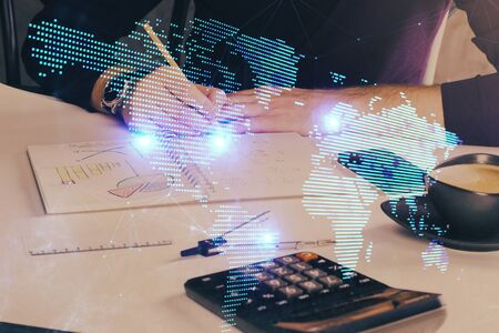 Mans hands working with notes background. Social networking scheme . Mixed mediaの写真素材