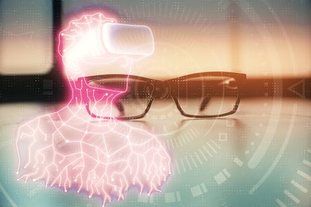 AR drawing with glasses on the table background. Concept of augmented reality. Double exposure.