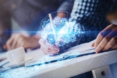 Writing man's hands background with technology icons. Double exposure. Concept of big data.