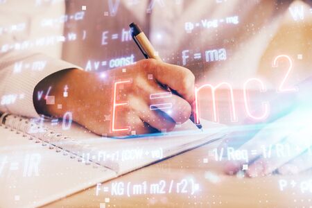Student or teacher with mathematical and scientific formulas. Concepts of education. Symbols and...