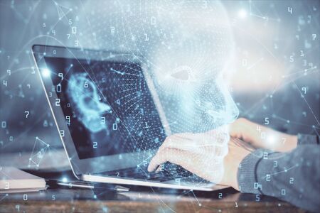 Man typing on keyboard background with brain hologram. Concept of big Data. Double exposure.