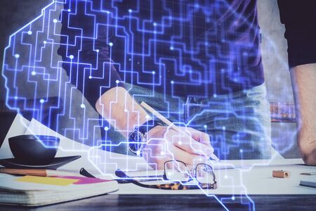 Haman brain double exposure icon with man hands background.の写真素材