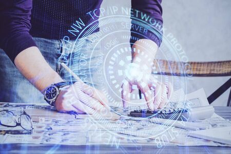 Man hands with data theme double exposure icons.の写真素材