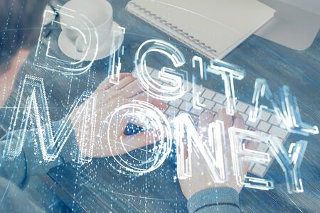 Blockchain theme hud with businessman working on computer on background. Concept of crypto chain. Multi exposure.の写真素材