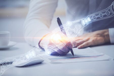 Man in white shirt with technology icons. . Double exposure. Network and data concept.の写真素材