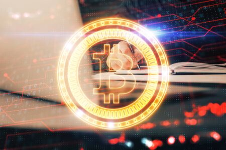 Mans hands working with notes background. Cryptocurrency and finance concept.の写真素材