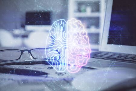Brain drawings with glasses on the table background. Double exposure.
