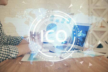Blockchain theme hud with businessman working on computer on background. Concept of crypto chain....