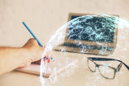 Mans hands working with notes background. Social networking concept.の写真素材