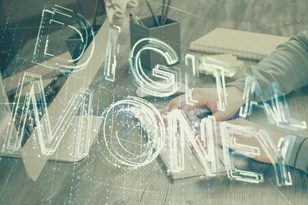 Blockchain theme hud with businessman working on computer on background. Concept of crypto chain. Multi exposure.の写真素材