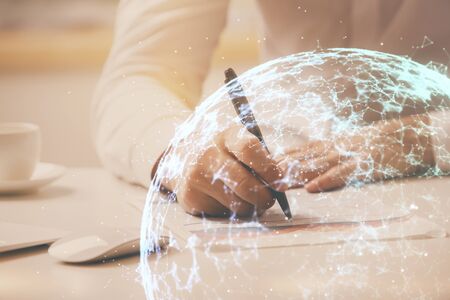 Mans hands working with notes background. Social networking concept.の写真素材