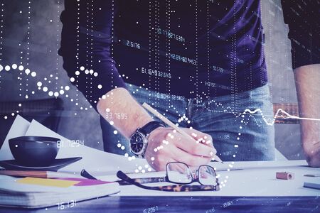 Writing Man hands with data theme multi exposure icons.の写真素材