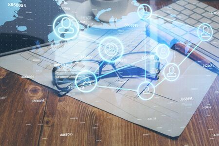 Social network theme drawing with glasses on the table background. Concept of people media...