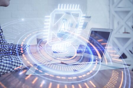 Double exposure of tech drawings with hands working on computer background. Concept of innovation.の写真素材