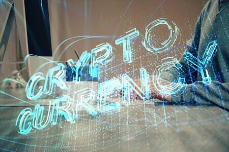 Blockchain theme hud with businessman working on computer on background. Concept of crypto chain. Multi exposure.の写真素材