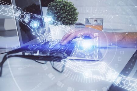 Multi exposure of tech drawings with man working on computer background. Concept of innovation.